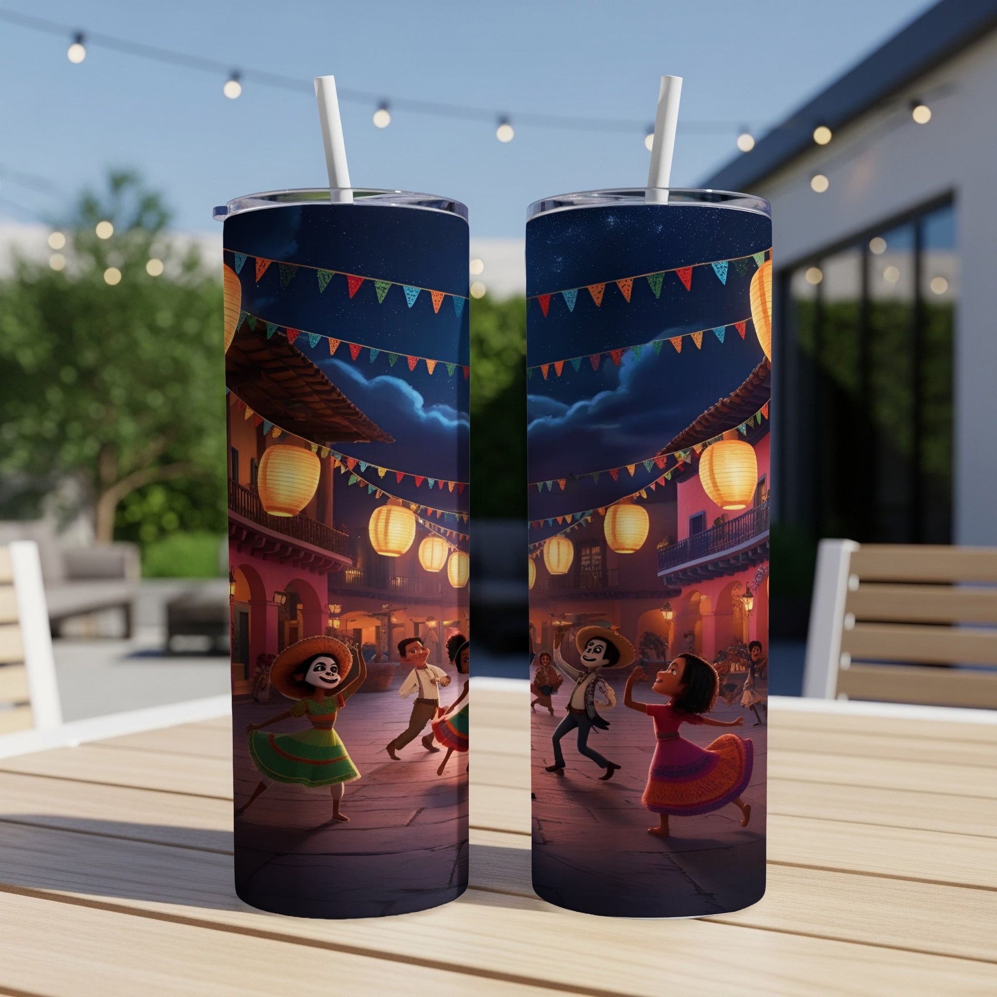 Two tumblers with characters dancing in a festive street scene.