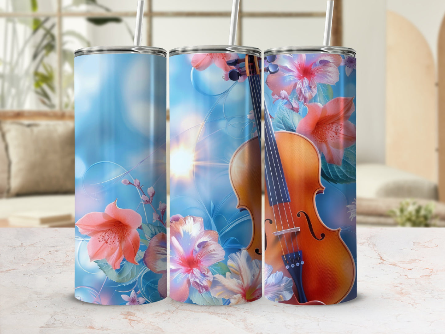 Violin with floral accents on a blue, sunlit background.