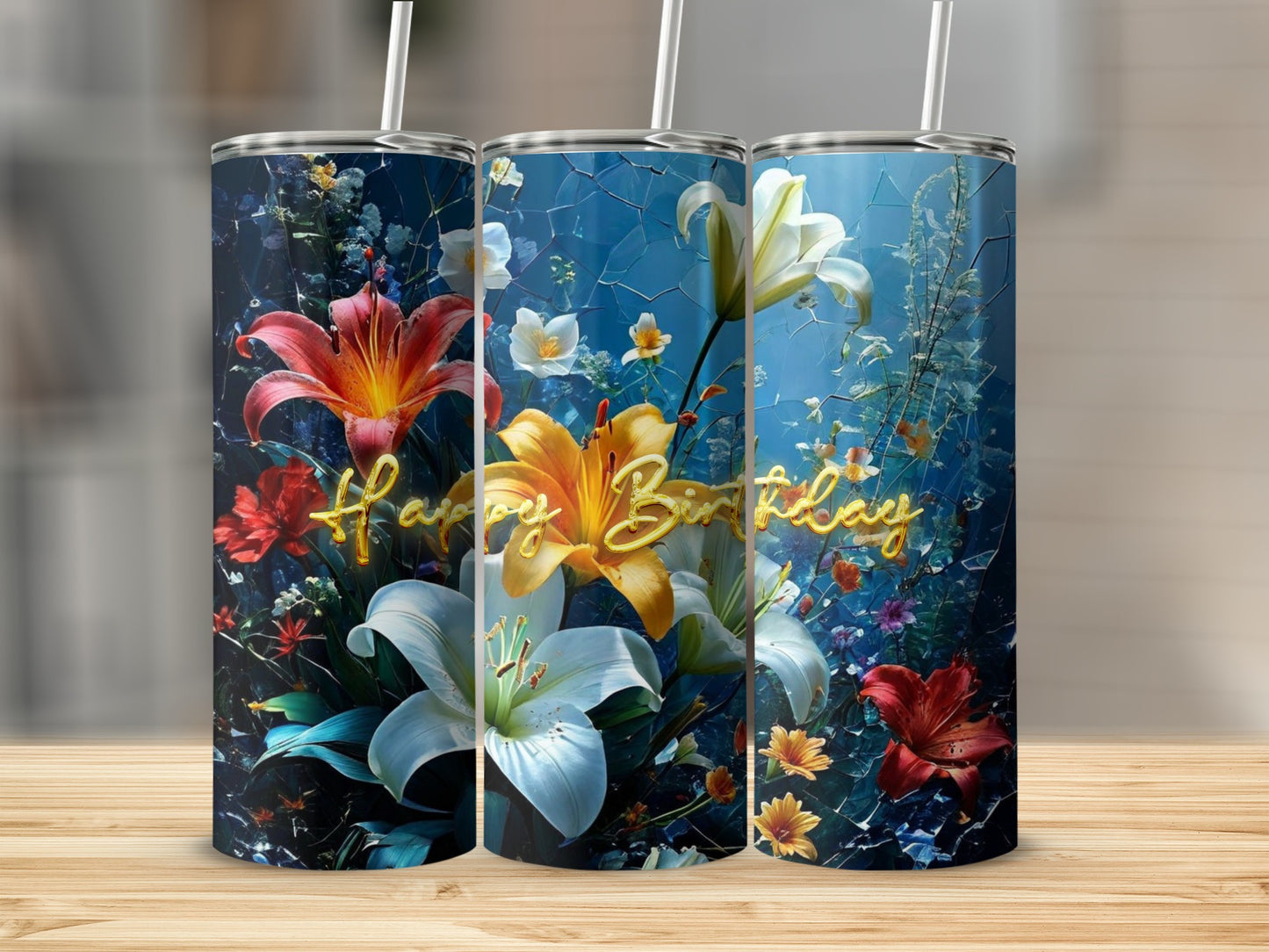 Floral birthday tumbler with "Happy Birthday" text.