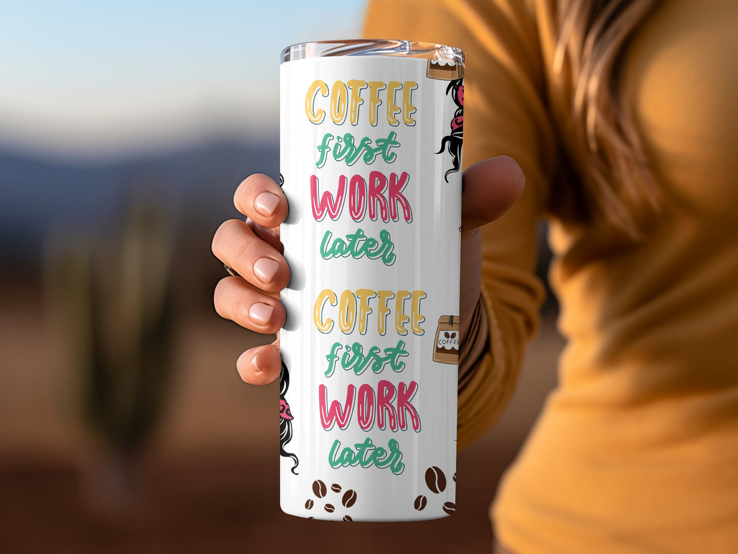 Coffee First Work Later Colorful Travel Mug