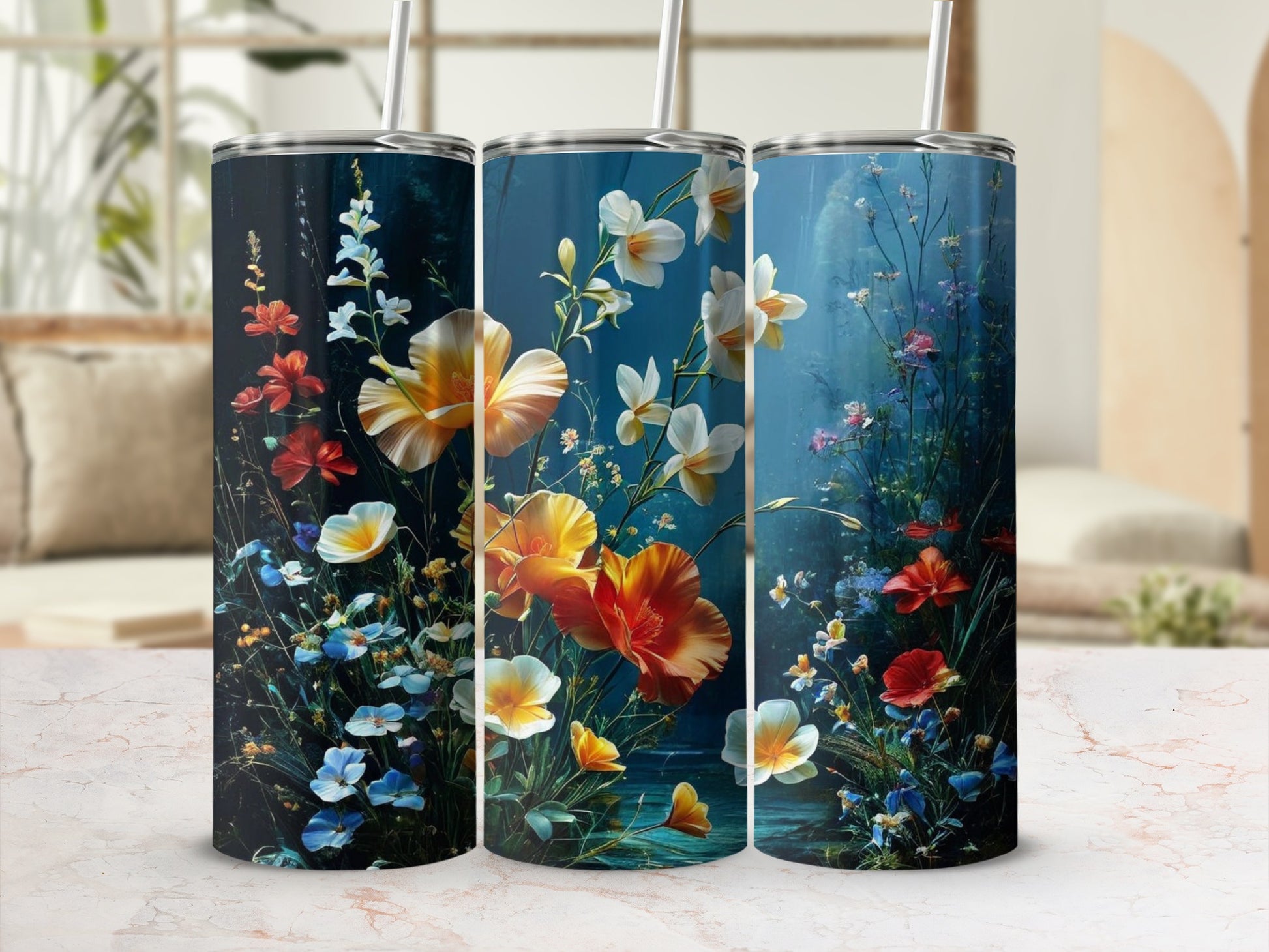 Floral pattern tumbler with colorful wildflowers and greenery.