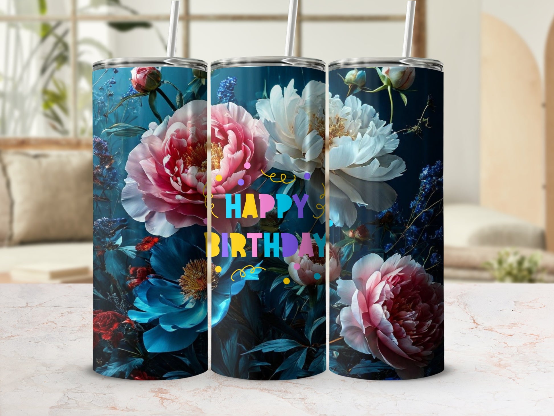 Floral tumbler with "Happy Birthday" text.
