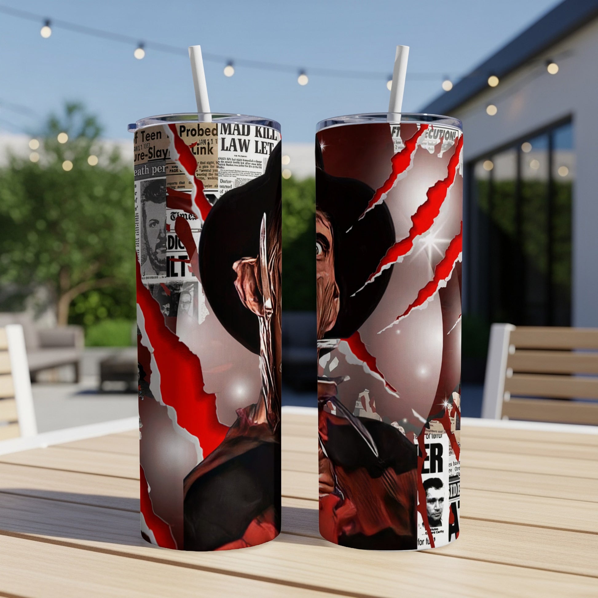 Freddy Krueger illustration with claws and newspaper clippings on a tumbler.