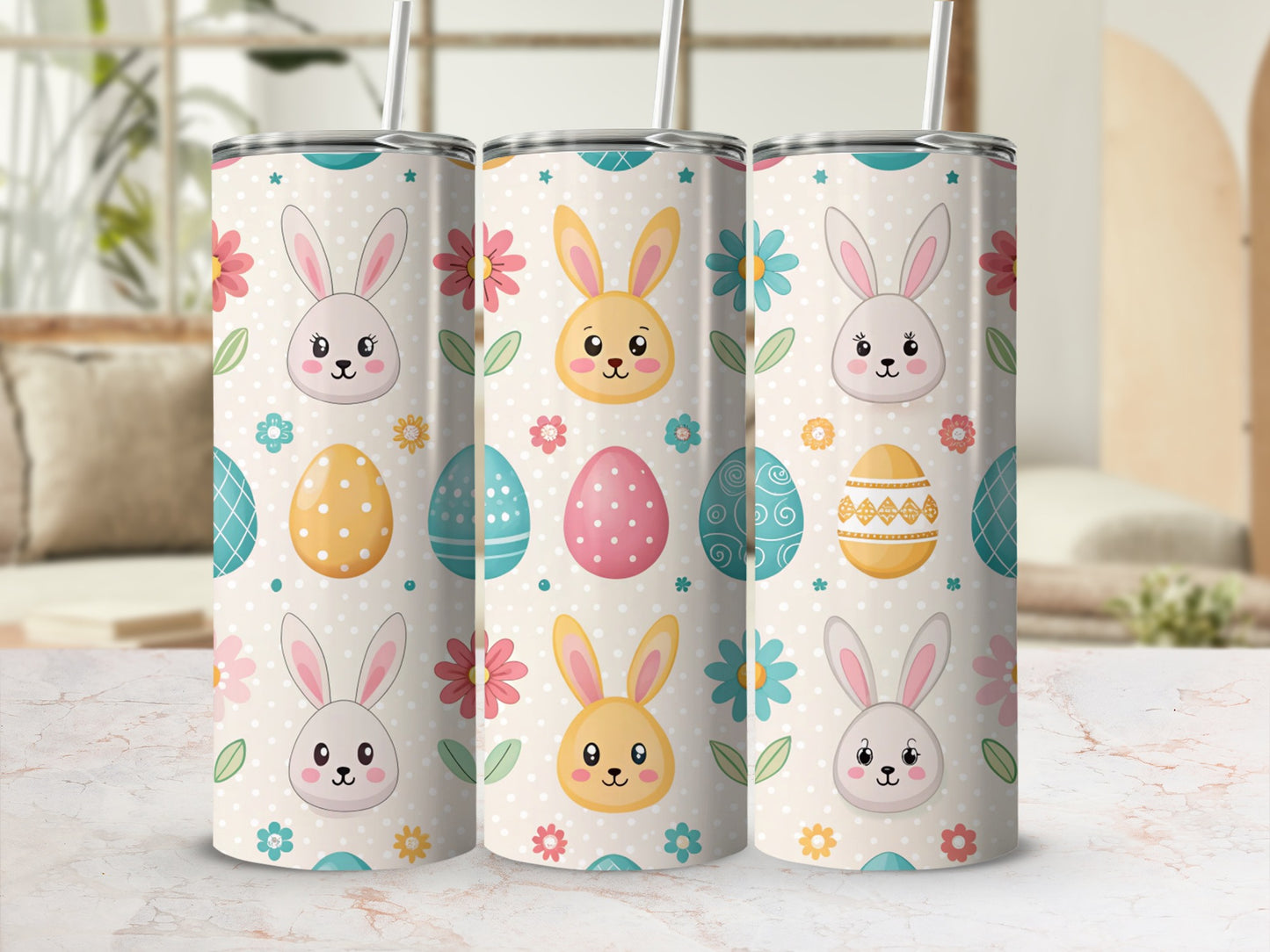 Three Easter-themed tumblers with bunnies and decorated eggs.