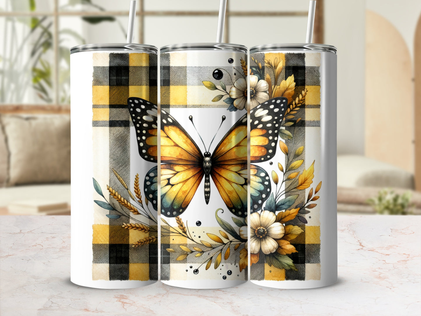 Yellow butterfly with floral accents on a plaid background tumbler.