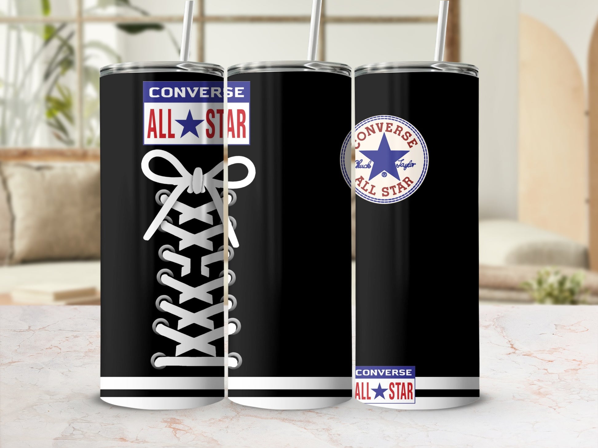 Black tumbler with white laces and Converse All Star logo.