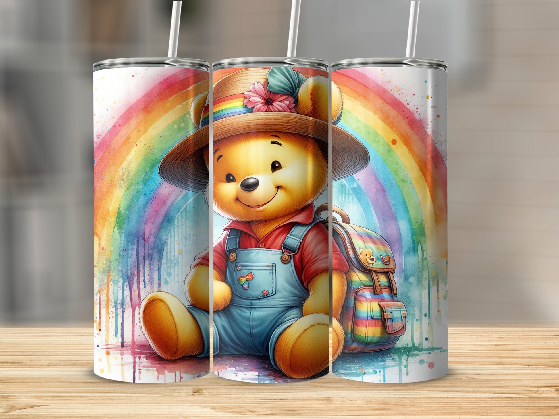 Adorable Bear with Rainbow and Backpack Tumbler