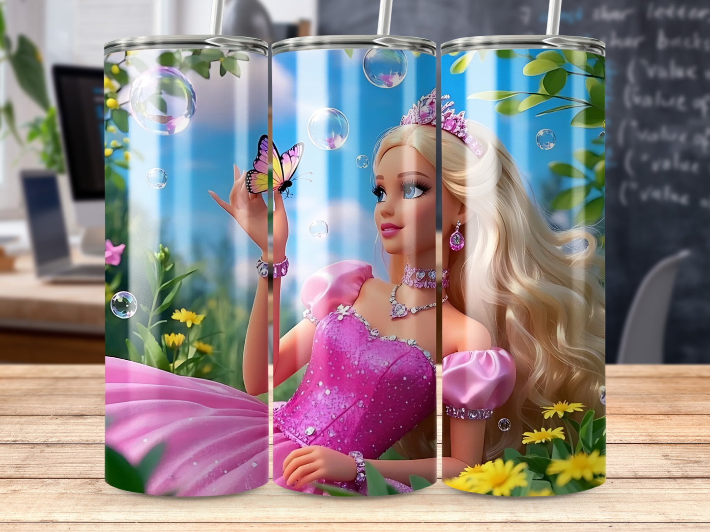 Barbie Blonde With a Butterfly on Her Hand Design Tumblers