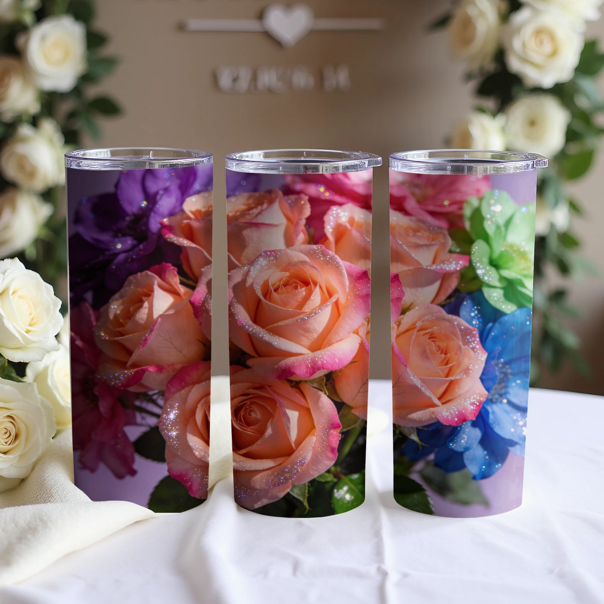 Beautiful Glittering Roses Floral Tumbler Cups Set