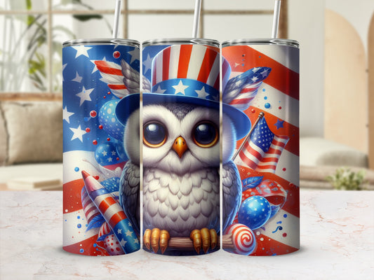 Cute patriotic owl wearing a hat with US flags and fireworks.