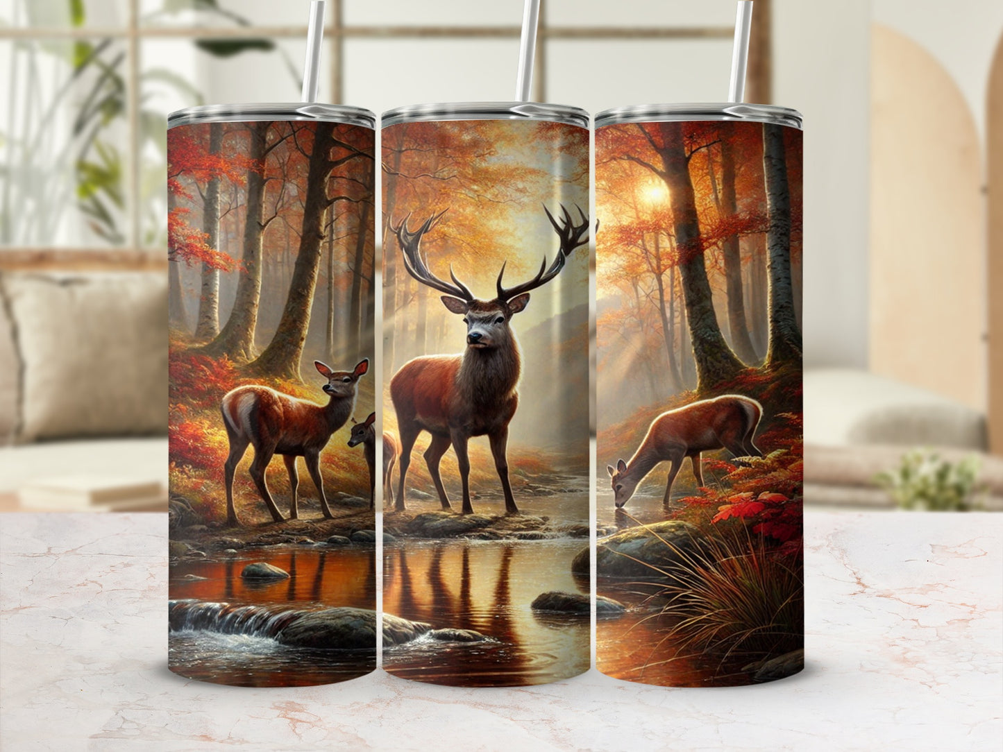 Autumn Forest Deer Scene Stainless Steel Tumbler