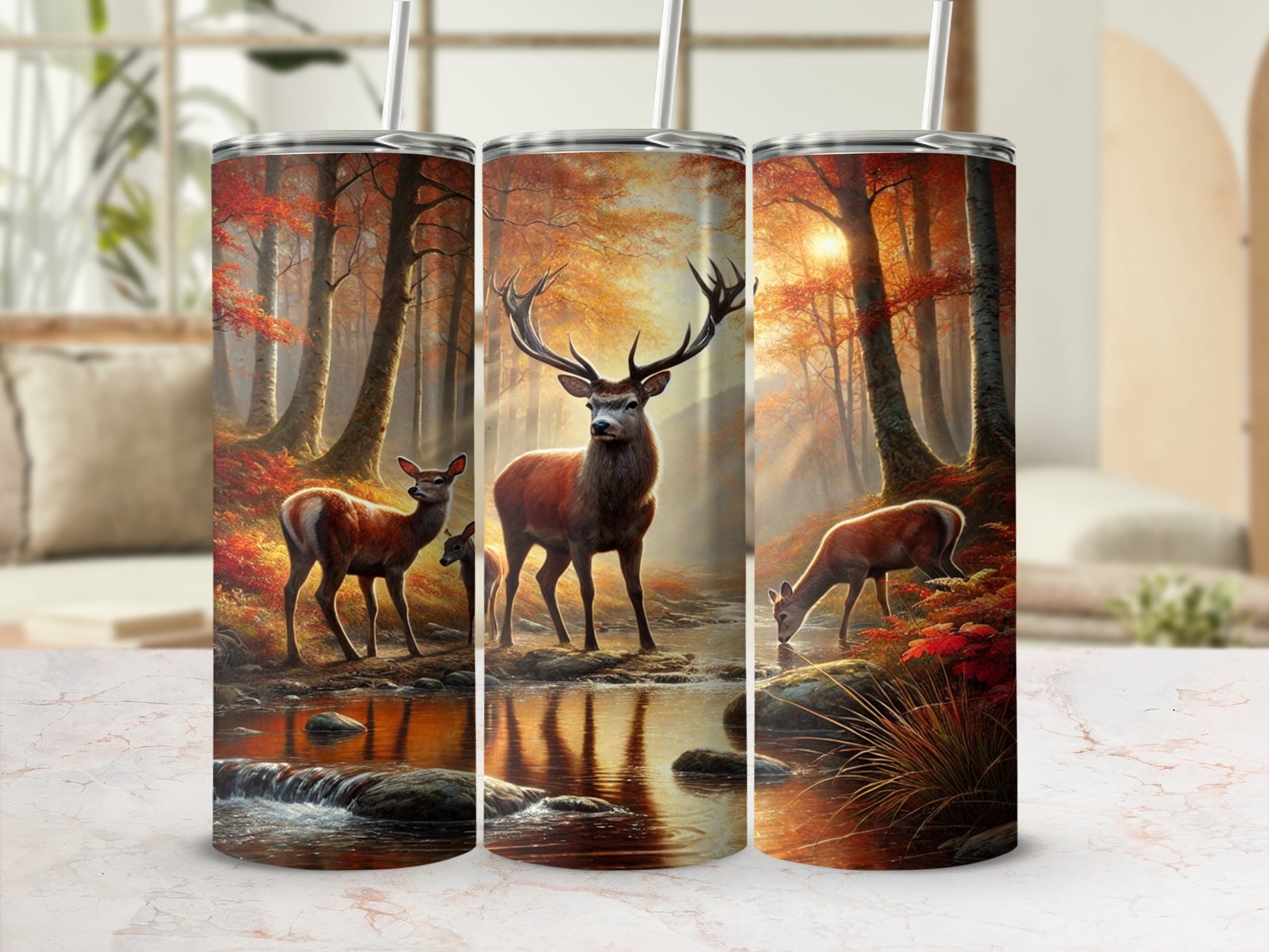 Autumn Forest Deer Scene Stainless Steel Tumbler