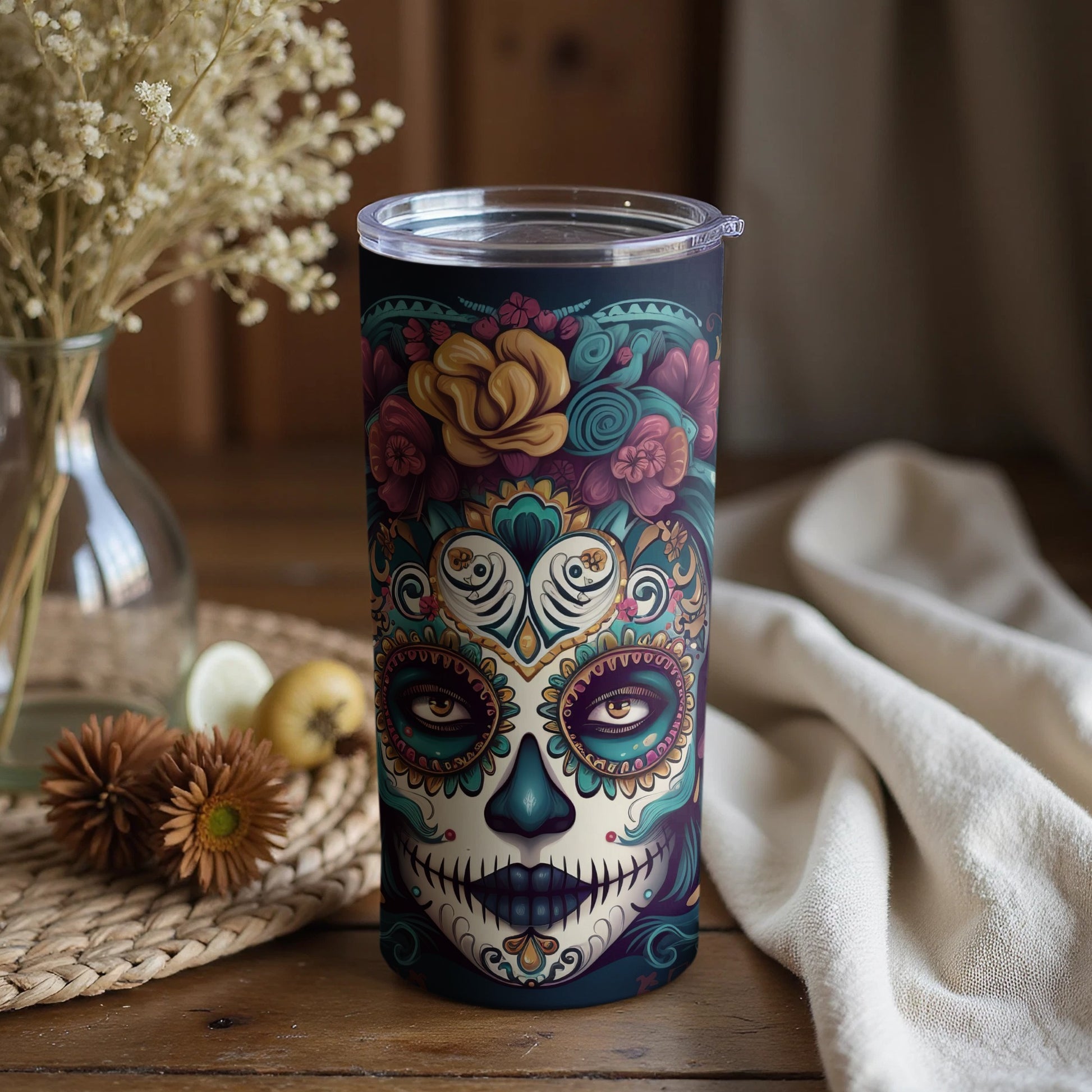 Intricate Sugar Skull Themed Insulated Drinkware
