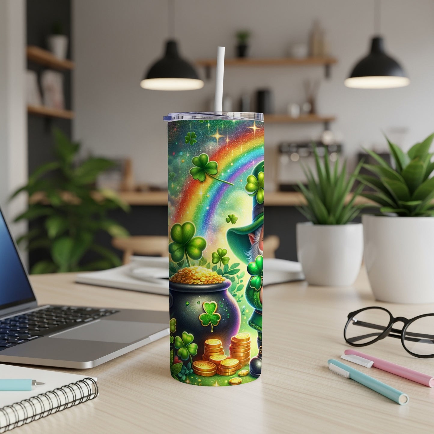 Leprechaun and pot of gold with rainbow on a St. Patrick's Day tumbler.