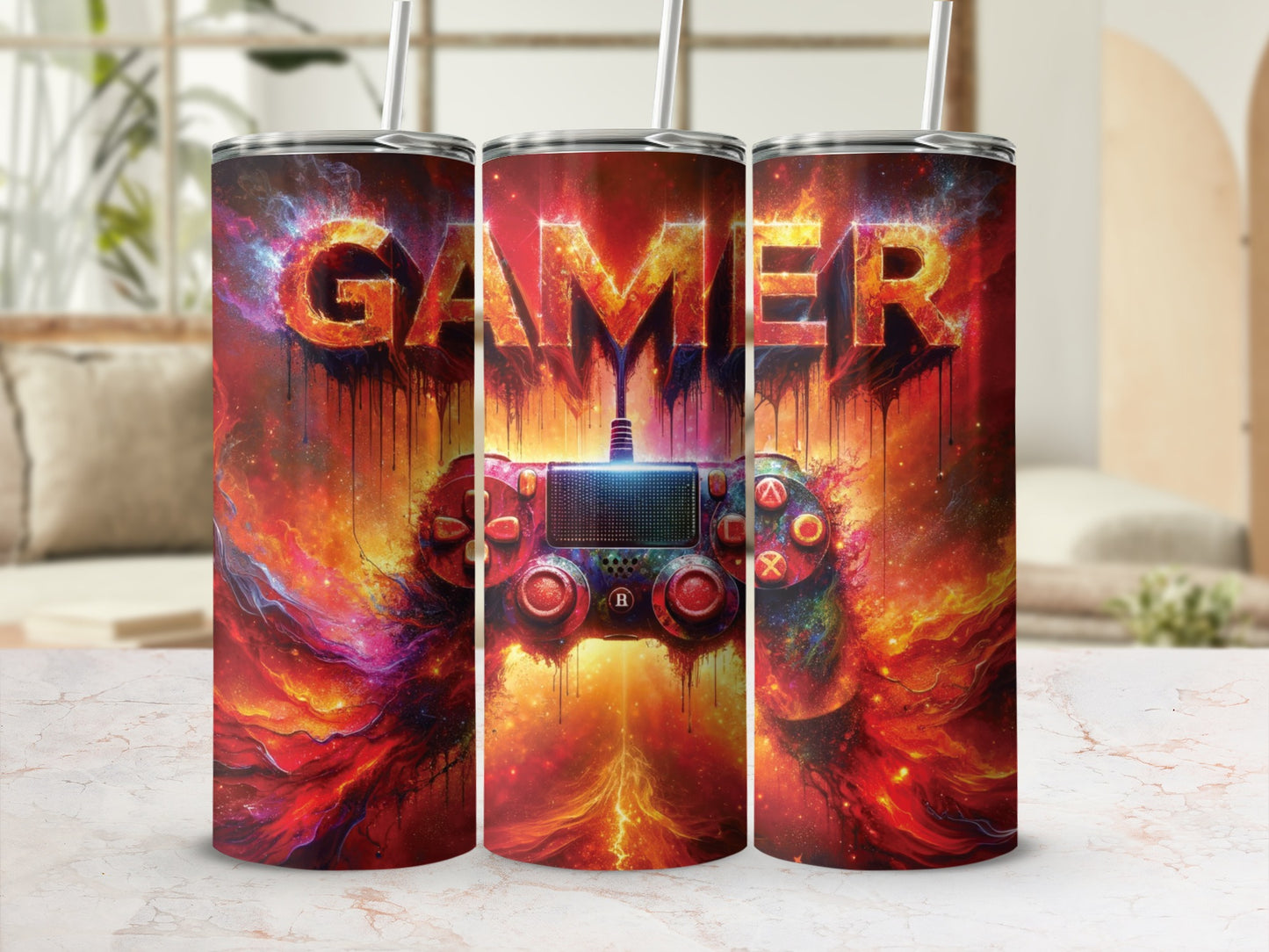 Gamer-themed tumbler with a dripping, fiery controller design.