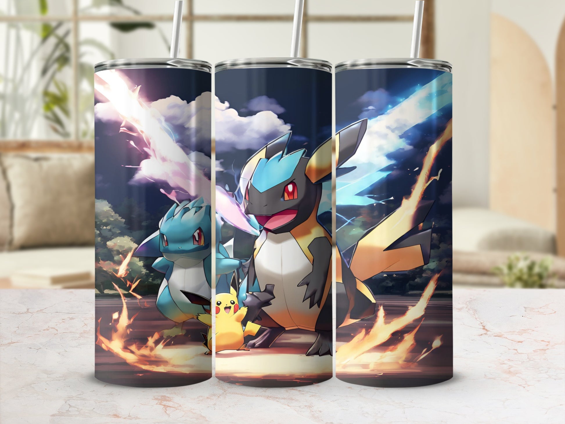 Three Pokémon characters, including Pikachu, in a dynamic, fiery scene.