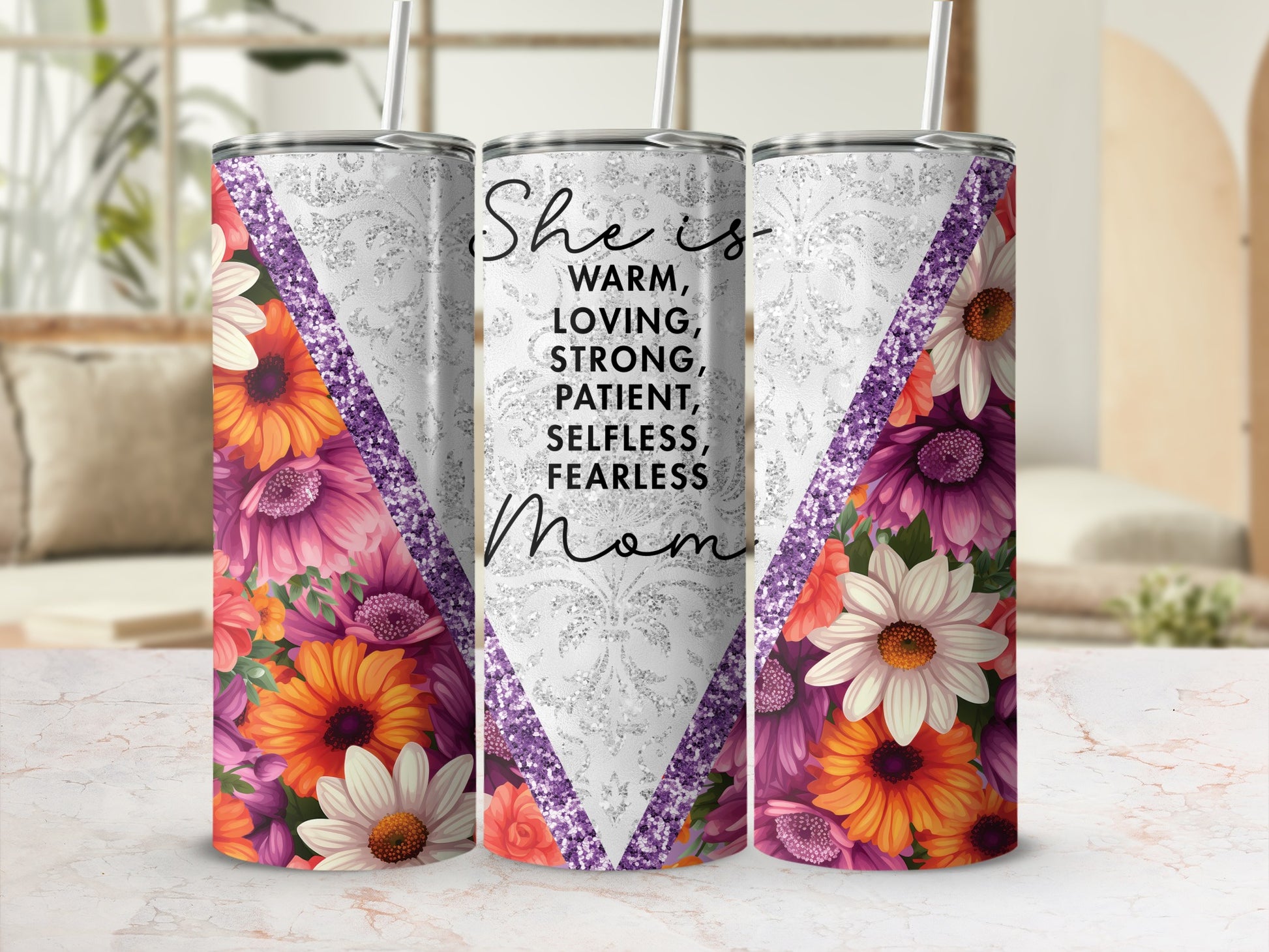 Glitter tumbler with floral pattern and inspirational text.