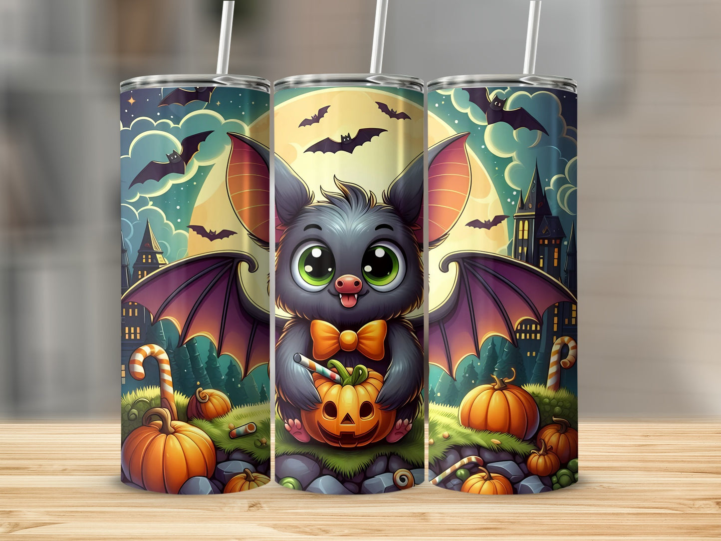 Cute Halloween bat holding a pumpkin with candy canes and pumpkins.