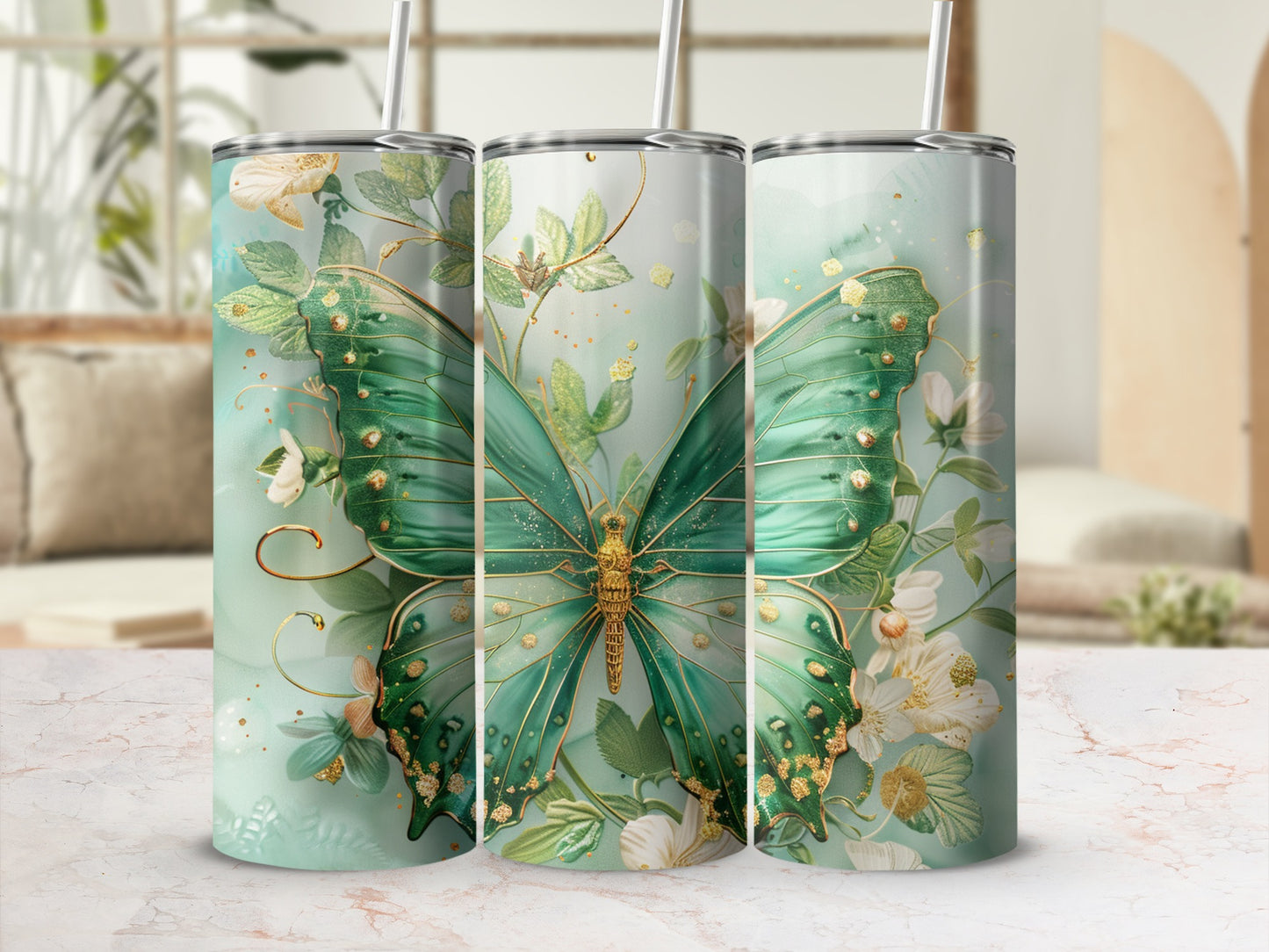Elegant Green Butterfly and Flowers Tumbler Design