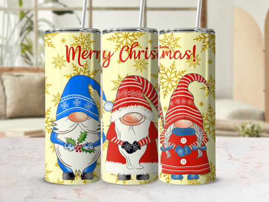Christmas gnomes in red hats with snowflakes and "Merry Christmas!" text.