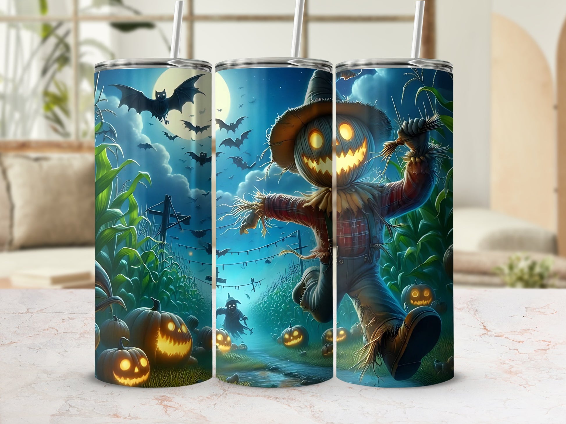 Scarecrow with jack-o'-lanterns and bats on a Halloween-themed tumbler.