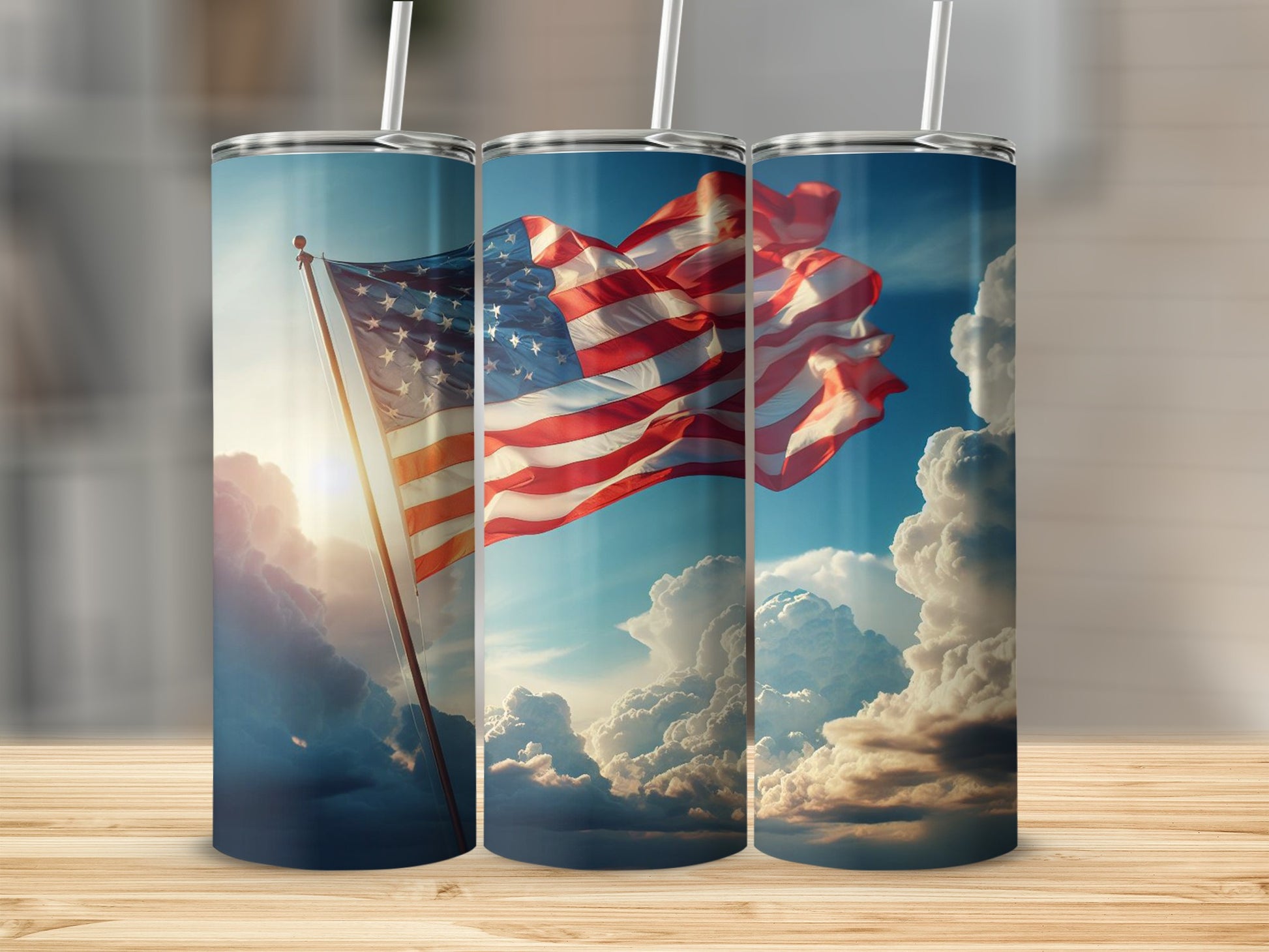 American flag on tumbler against a cloudy sky background.