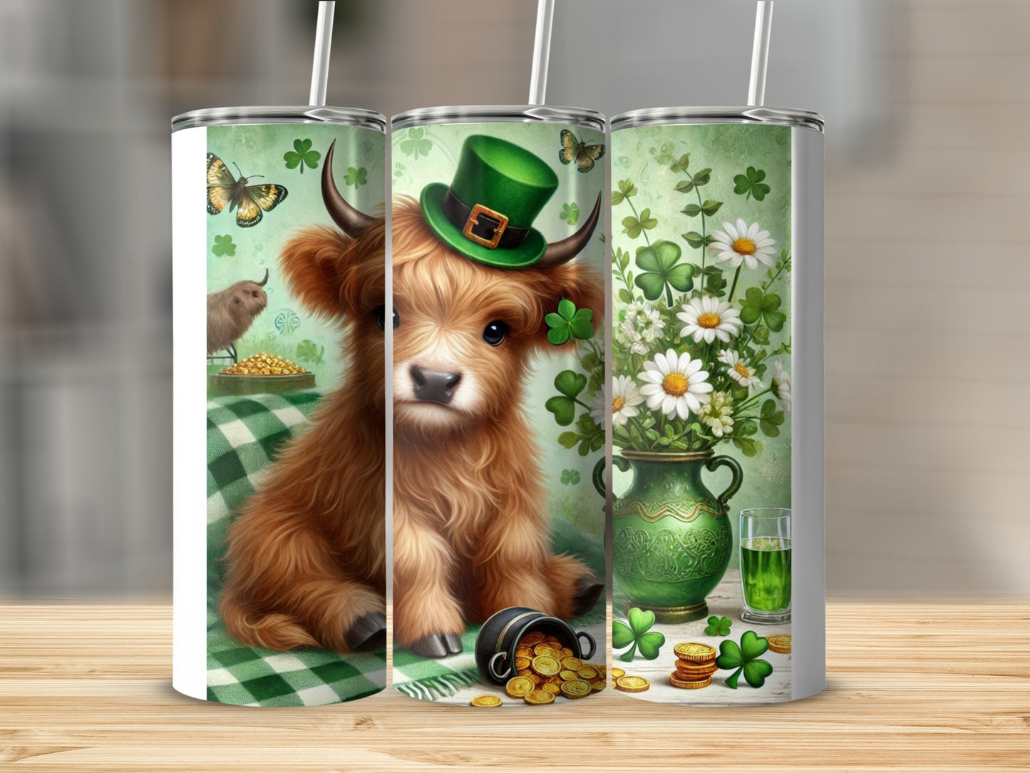 Highland cow with a green hat and St. Patrick's Day decorations.