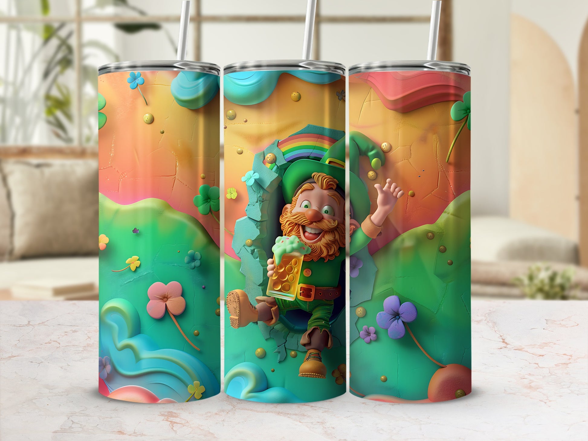 Leprechaun holding mug of beer with rainbow and shamrocks on tumbler.