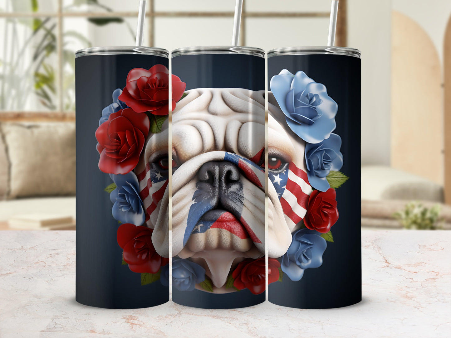Bulldog with American flag face paint surrounded by red and blue flowers.