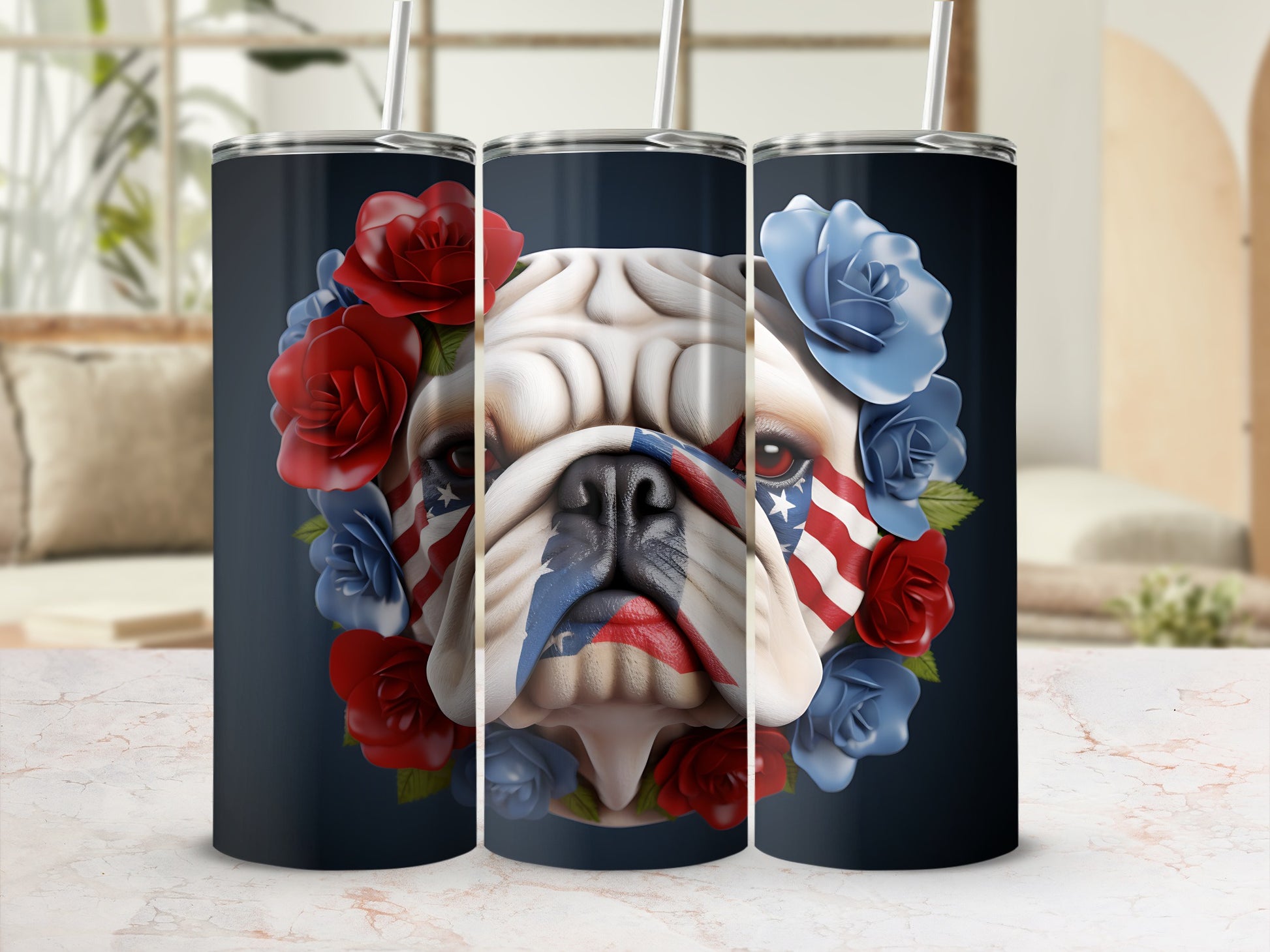 Bulldog with American flag face paint surrounded by red and blue flowers.