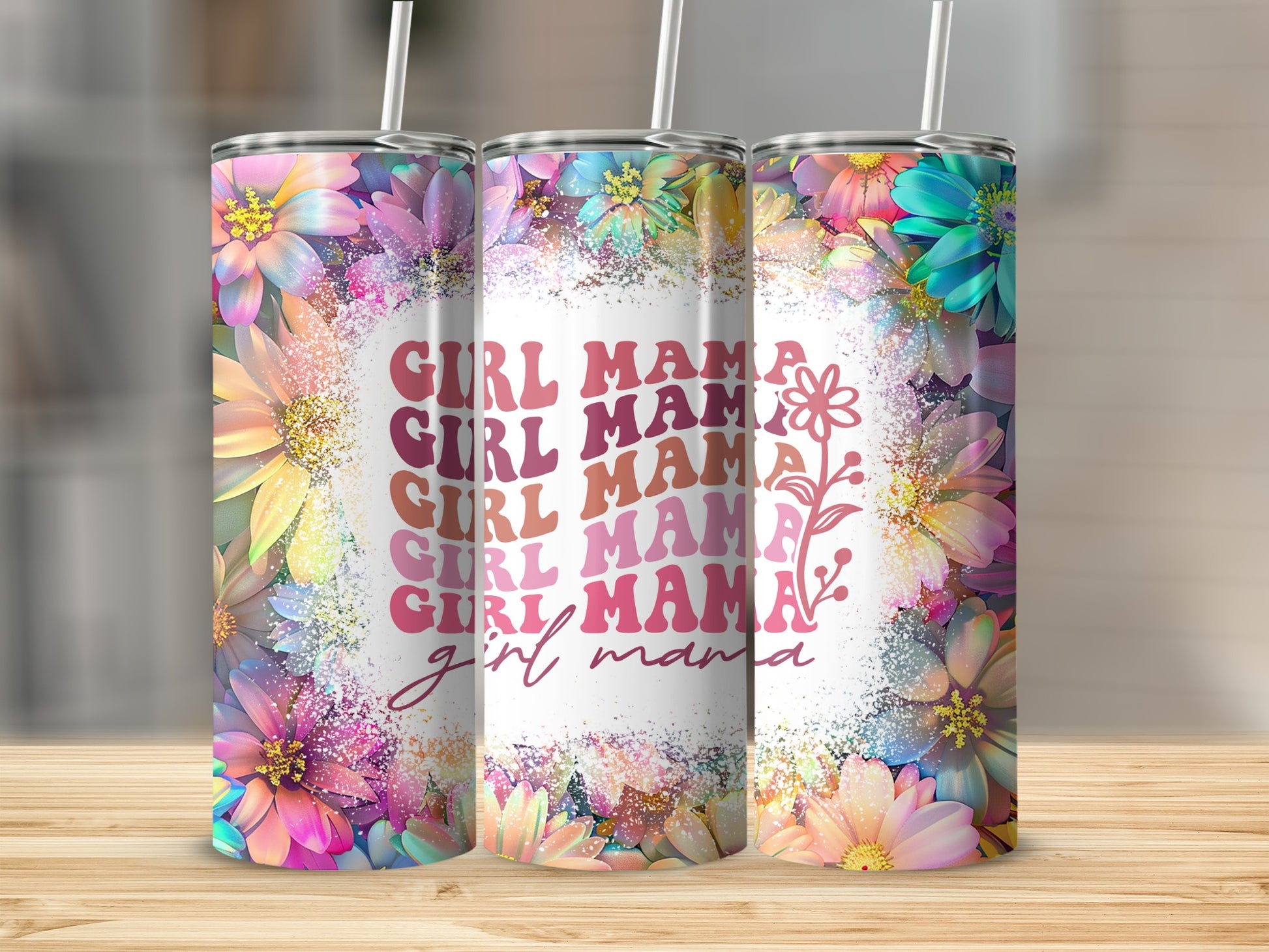 Colorful Girl Mama Tumbler with Floral Design Tumbler