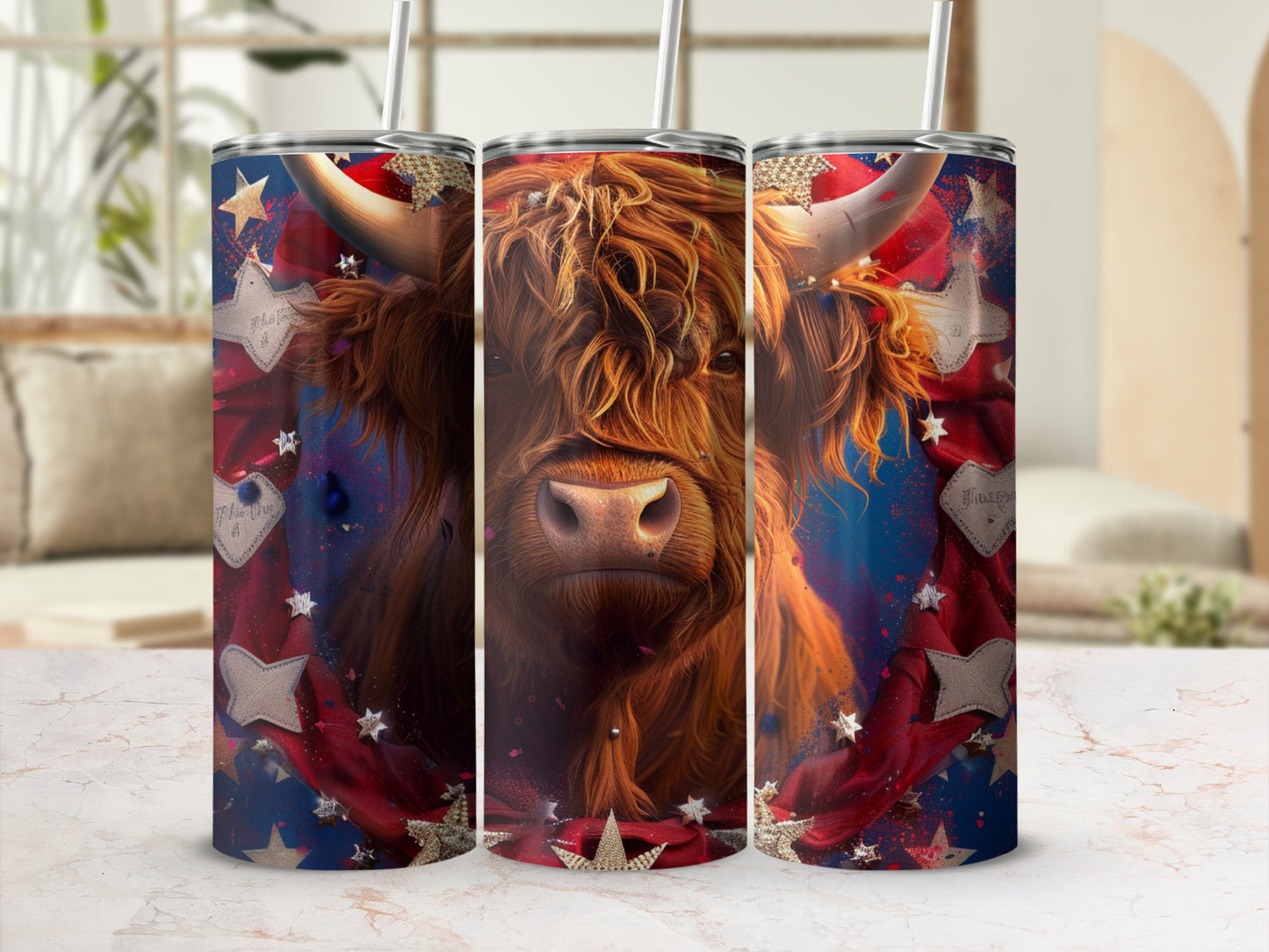 Highland cow on a starry background with red ribbon and stars.