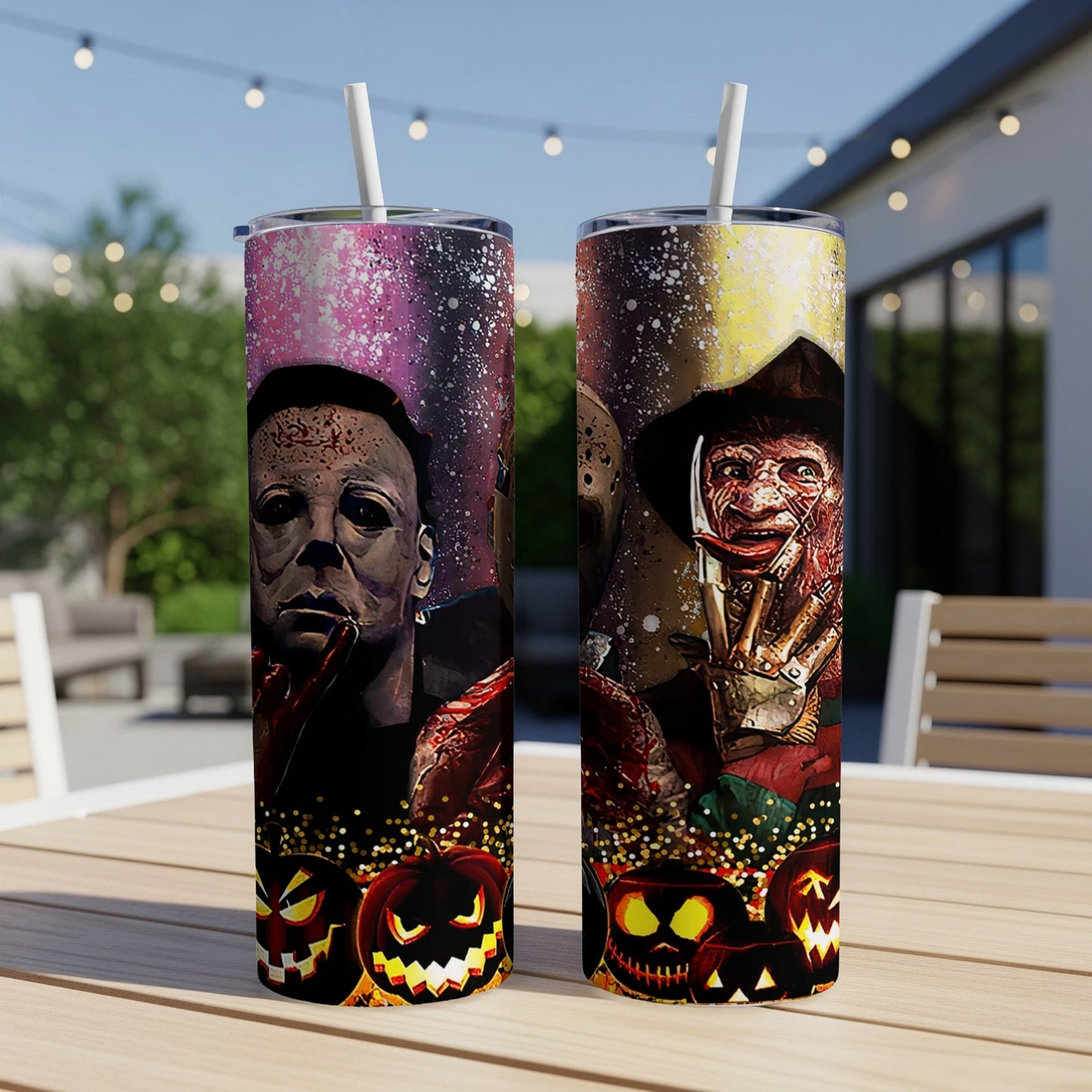 Two tumblers featuring horror icons Michael Myers and Freddy Krueger with pumpkins.
