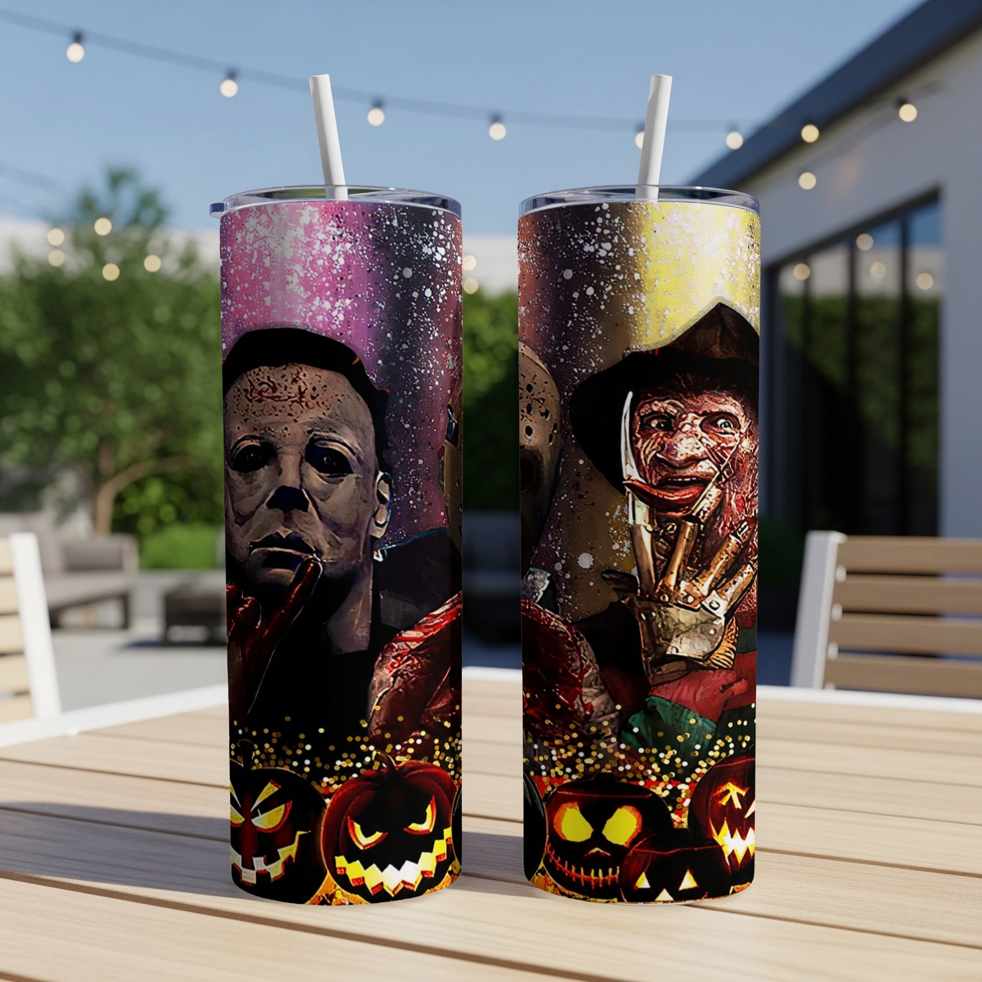 Two tumblers featuring horror icons Michael Myers and Freddy Krueger with pumpkins.