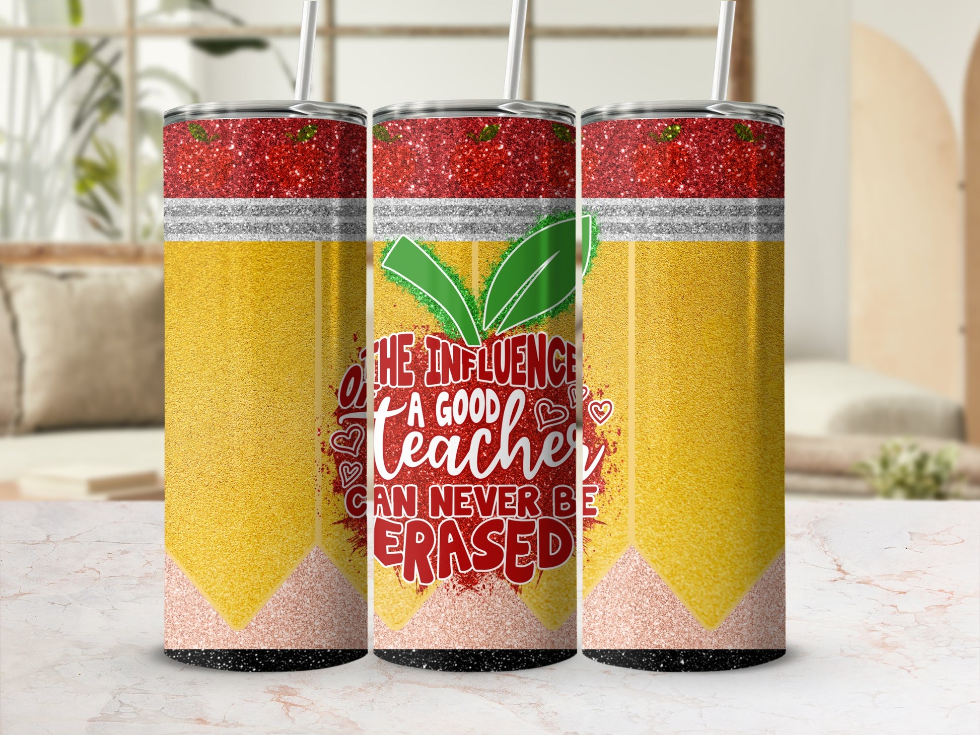 "The Influence a Good Teacher Can Never Be Erased" tumbler with glitter pencil design.