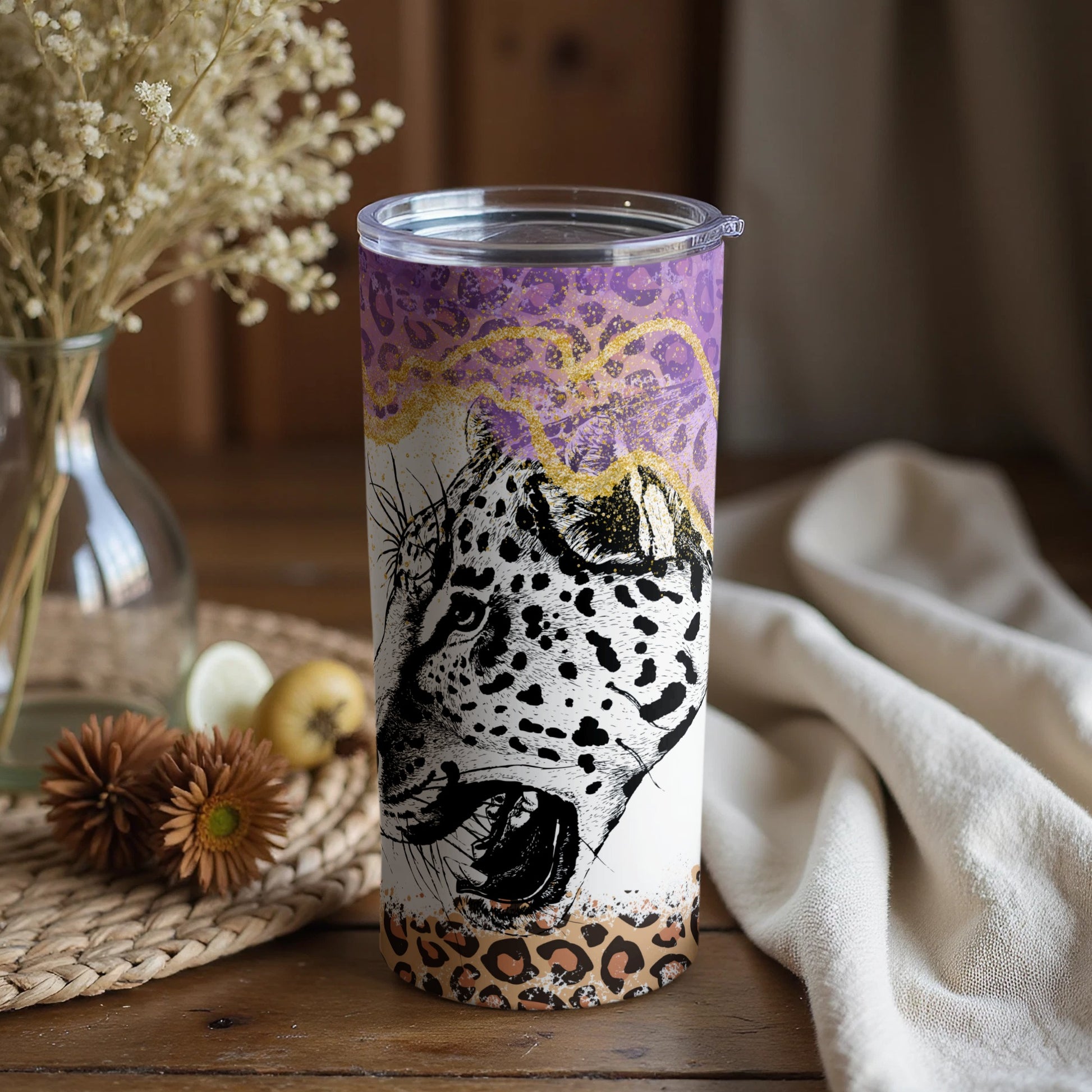 Leopard Design Tumbler with Purple and Gold Accents