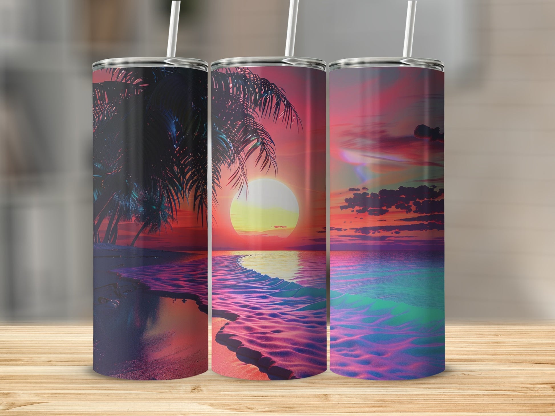 Three tumblers featuring a vibrant sunset beach scene with palm trees.