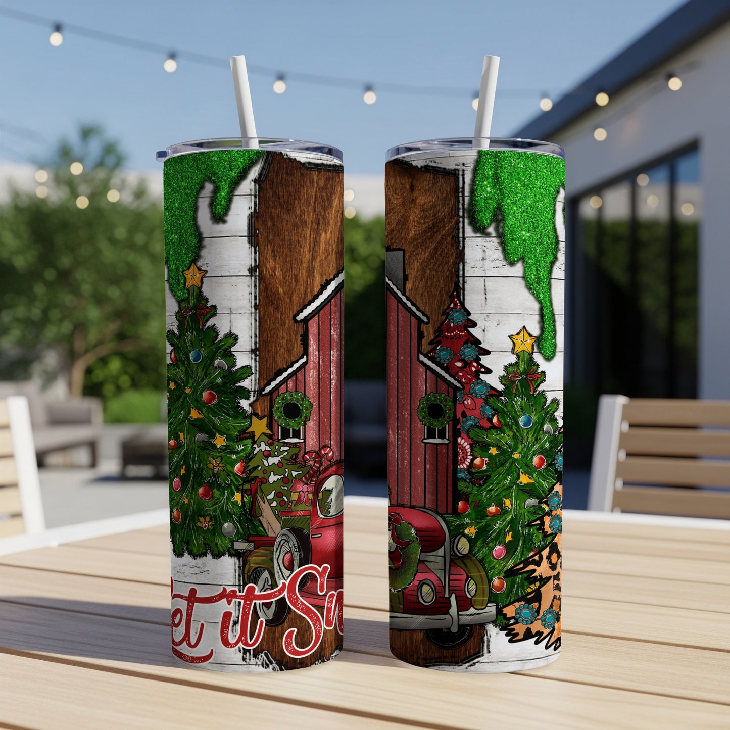 Red truck with Christmas trees, "Let It Snow" text, on a tumbler.