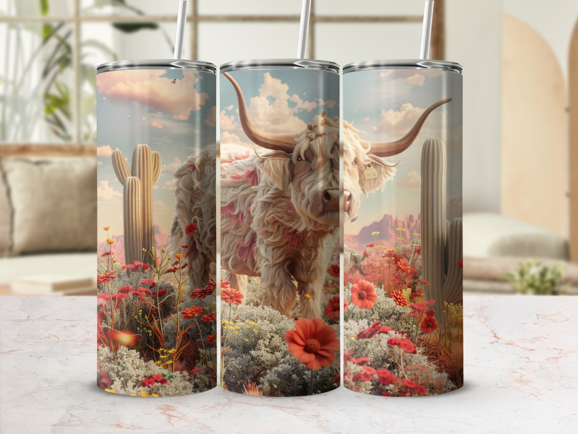 Highland cow among desert flowers and cacti.