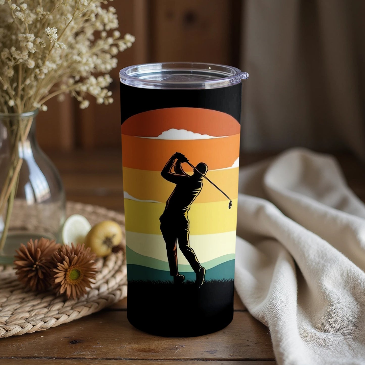 Vibrant Sunset Golfer Silhouette Tumbler for Enthusiasts