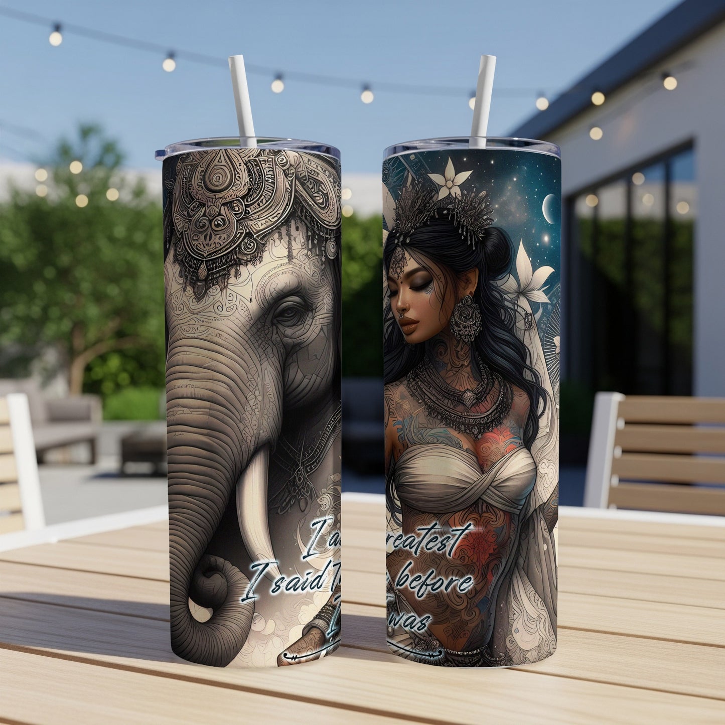 Elephant and tattooed woman on tumblers with straws on a table.