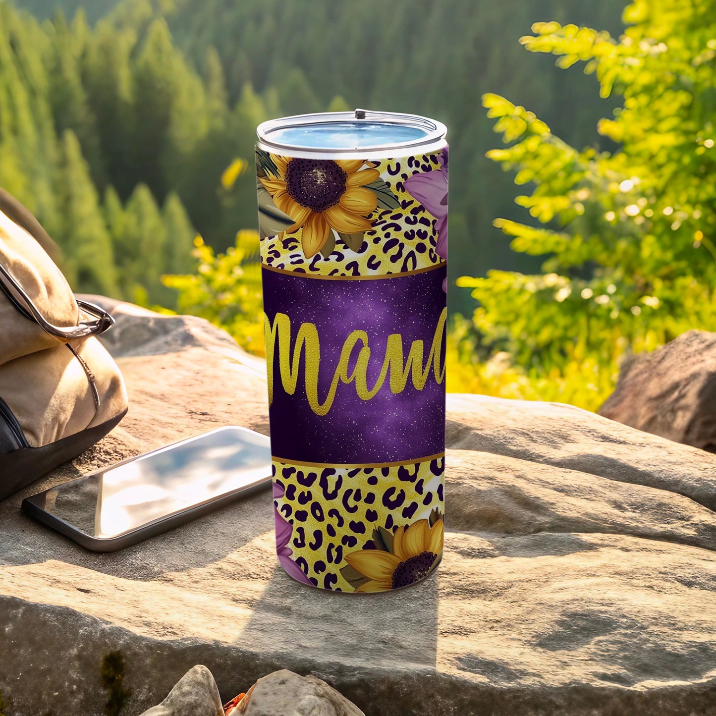 Mama Leopard Sunflower Glitter Tumbler for Outdoors