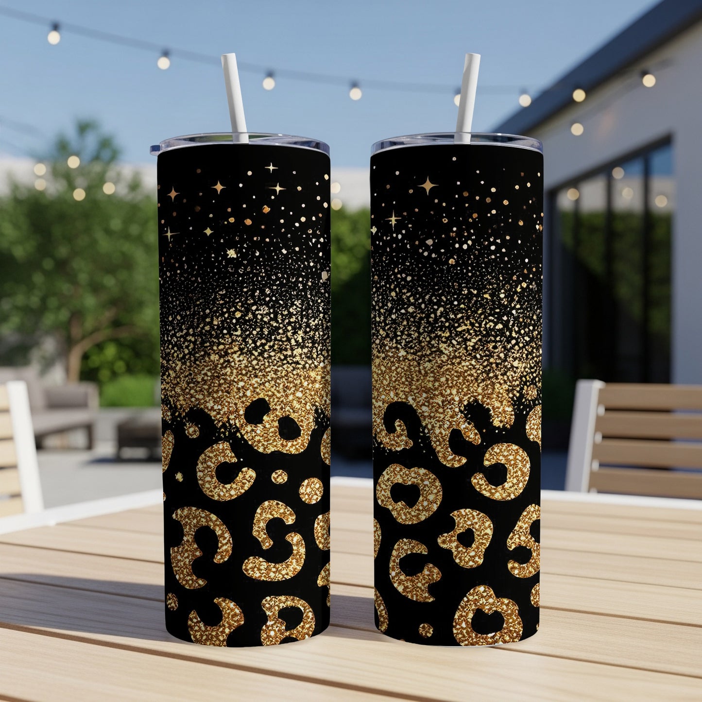 Black tumblers with gold leopard print and glitter gradient.