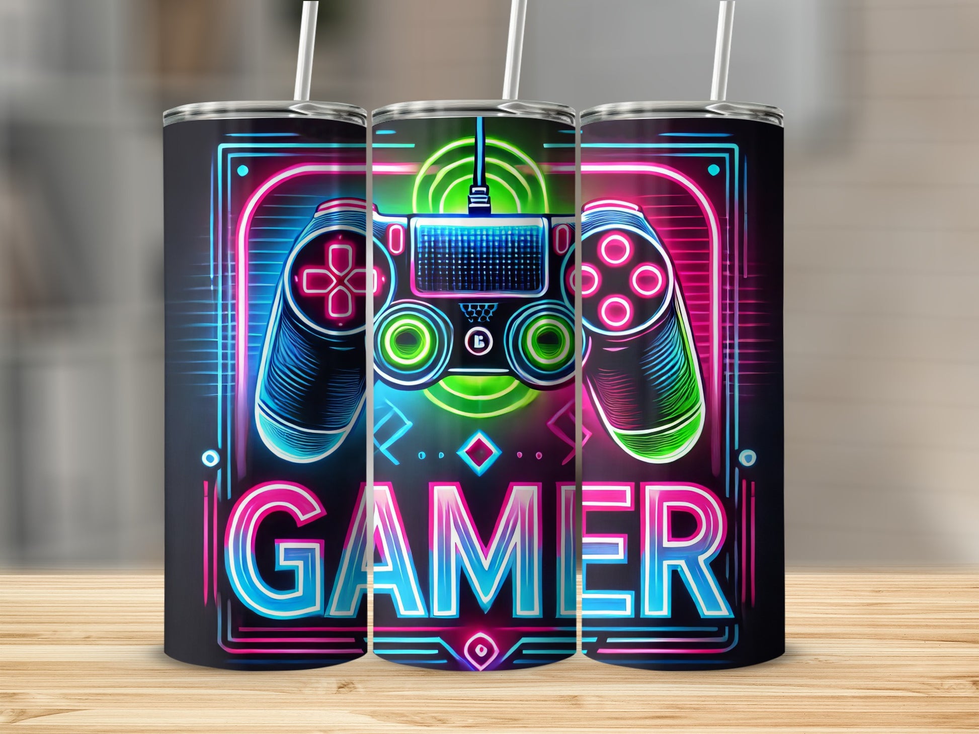 Neon gamer controller and text on three tumblers.