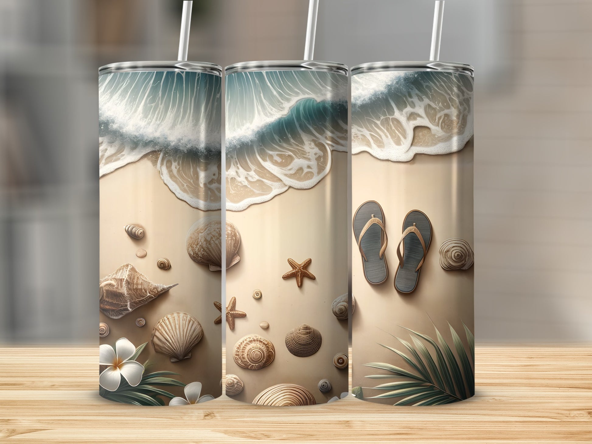 Three tumblers with a beach scene, shells, and flip-flops.