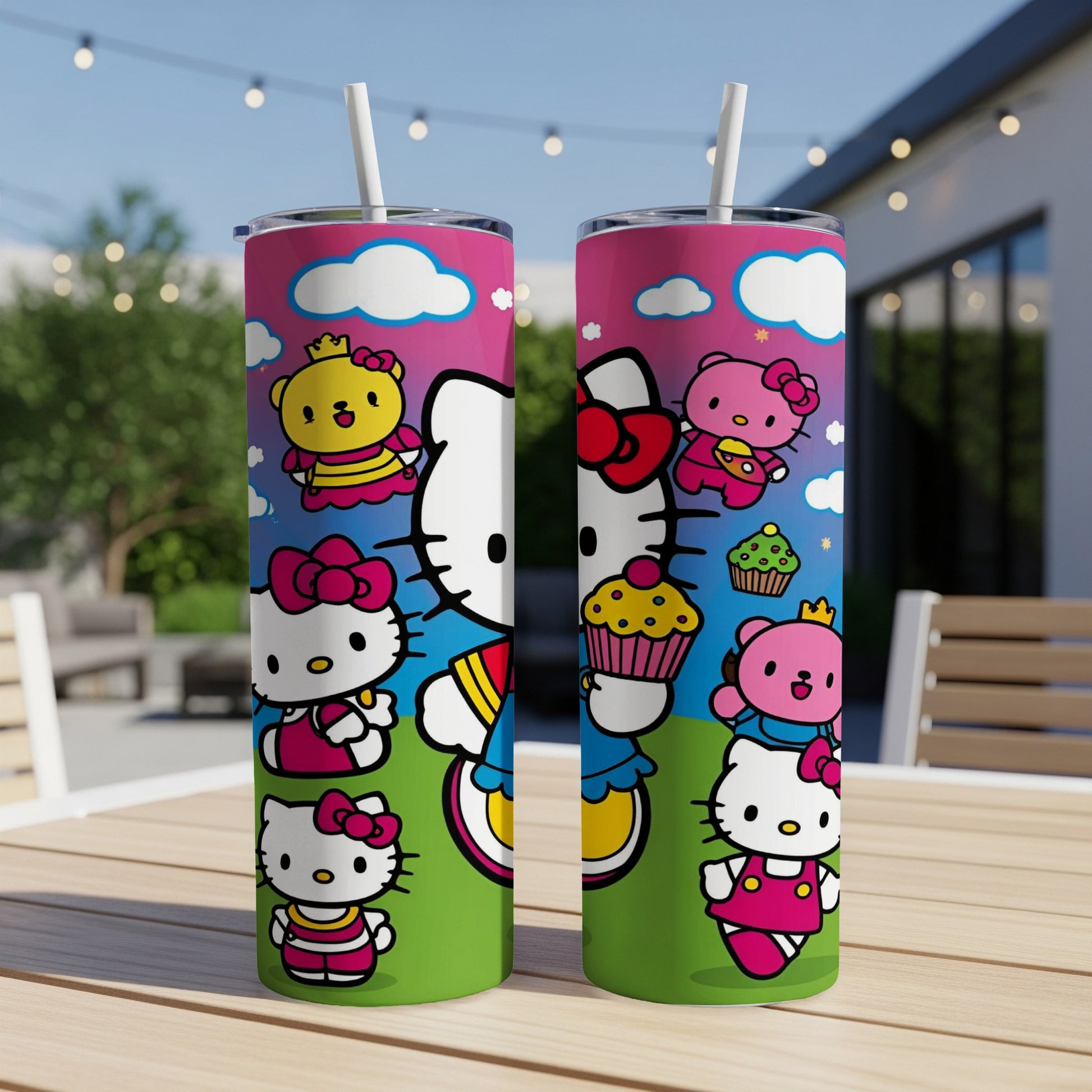 Two Hello Kitty tumblers with cartoon characters and cupcake designs.