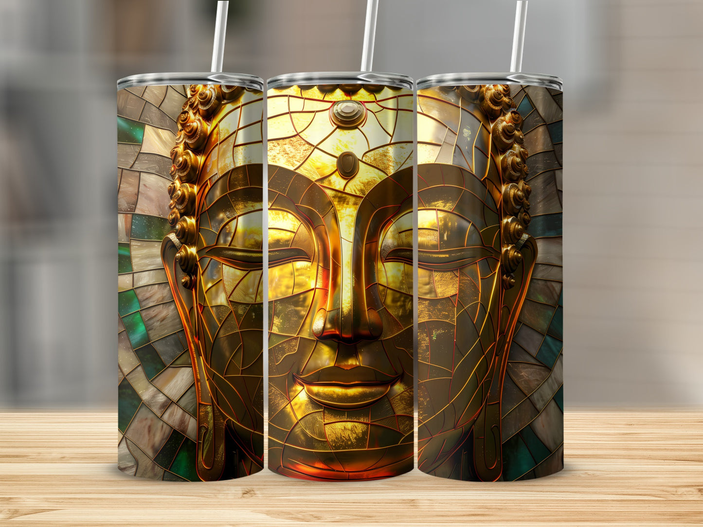 Three tumblers with a golden Buddha face design and mosaic background.