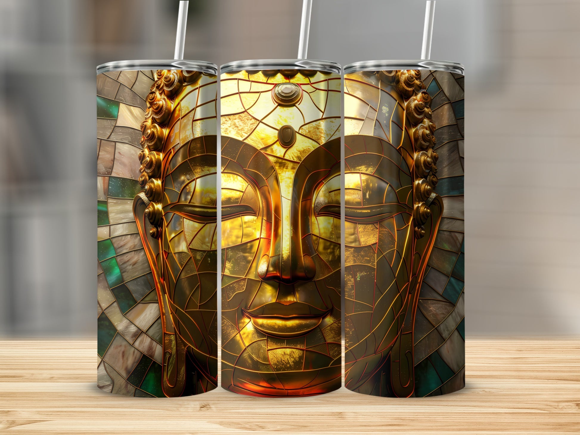 Three tumblers with a golden Buddha face design and mosaic background.