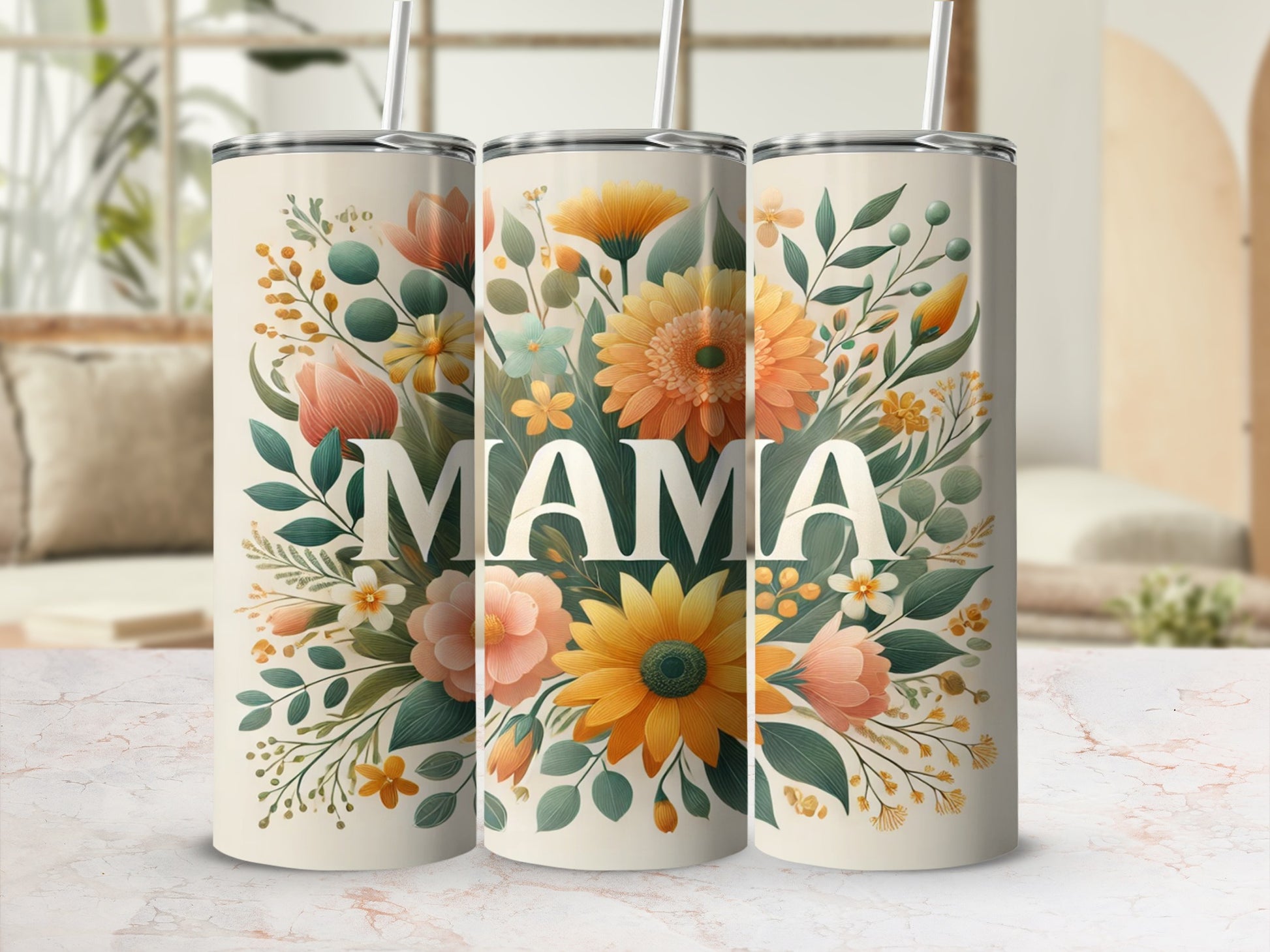 Floral Mama Design Tall Tumbler with Straw