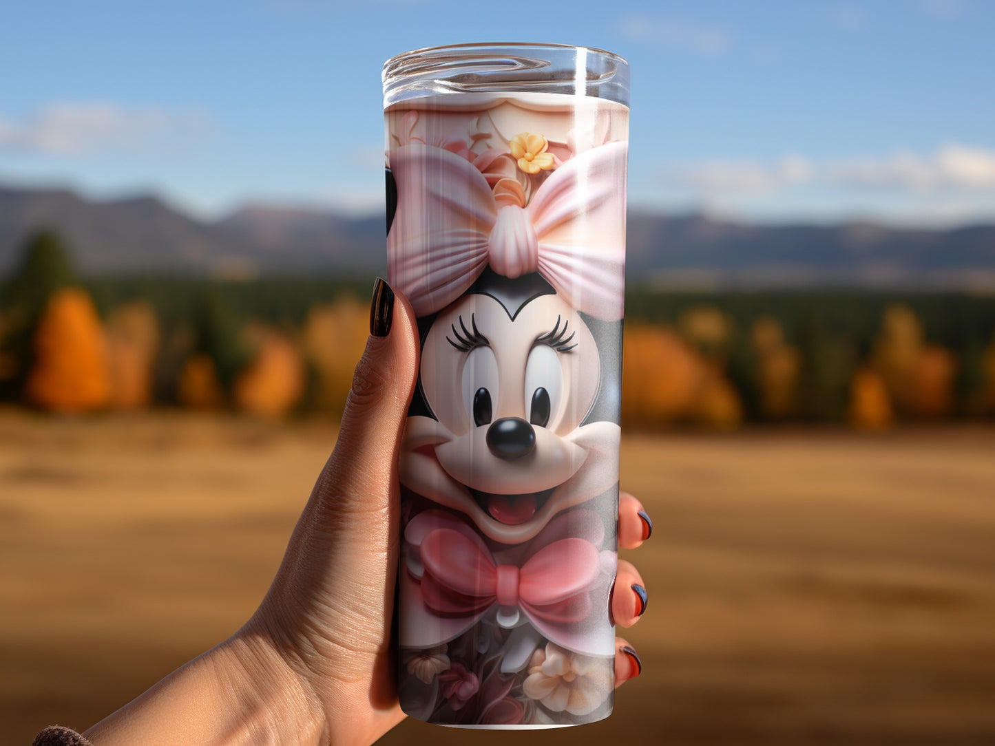 Minnie Mouse Tumbler with Pink Bow and Flowers Design